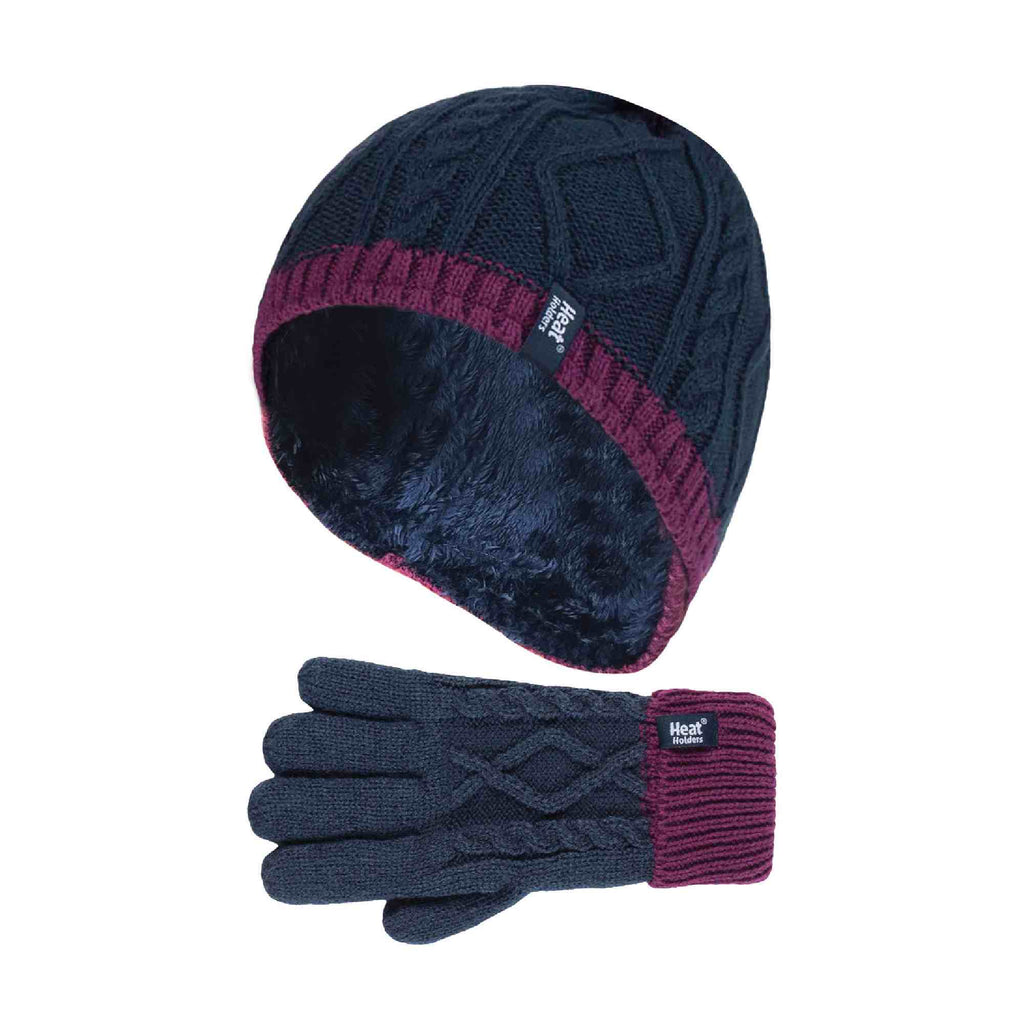 Kids Girls Cable Knitted Warm Fleece Lined Winter Hat & Gloves Set