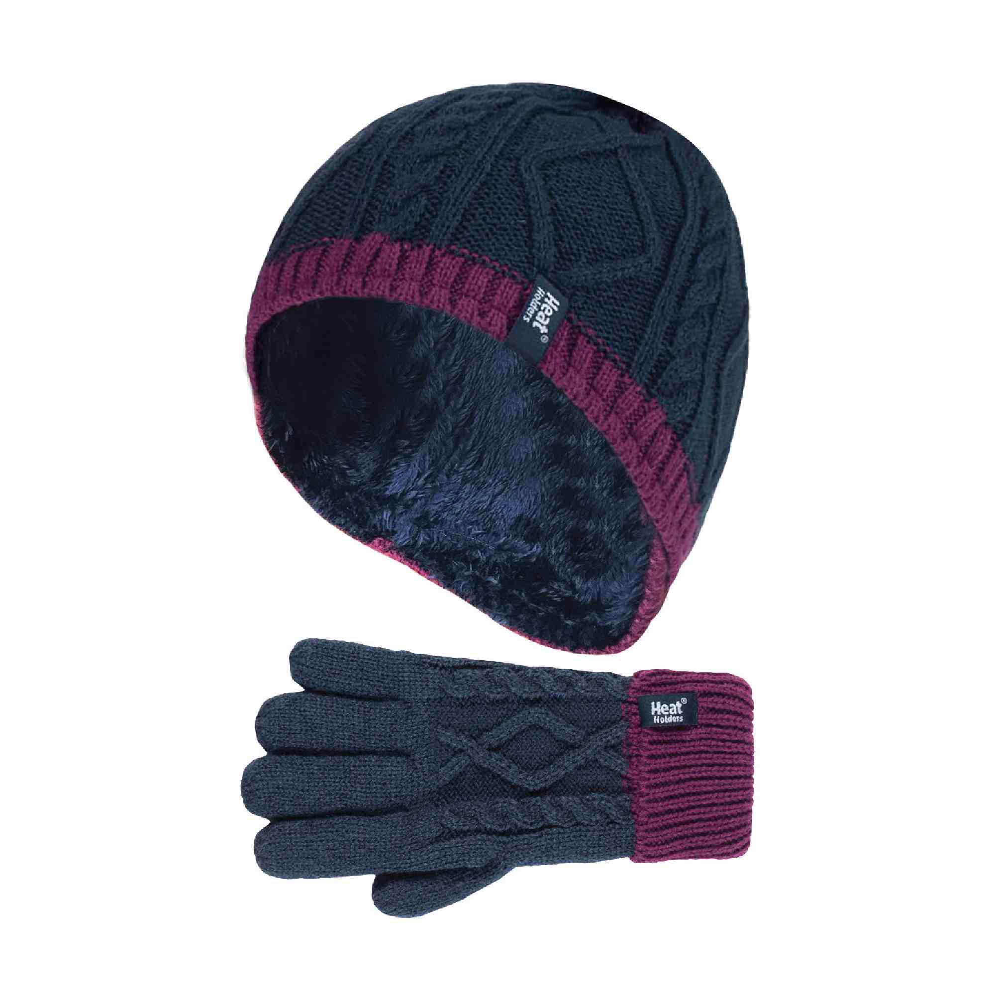Kids Girls Cable Knitted Warm Fleece Lined Winter Hat & Gloves Set
