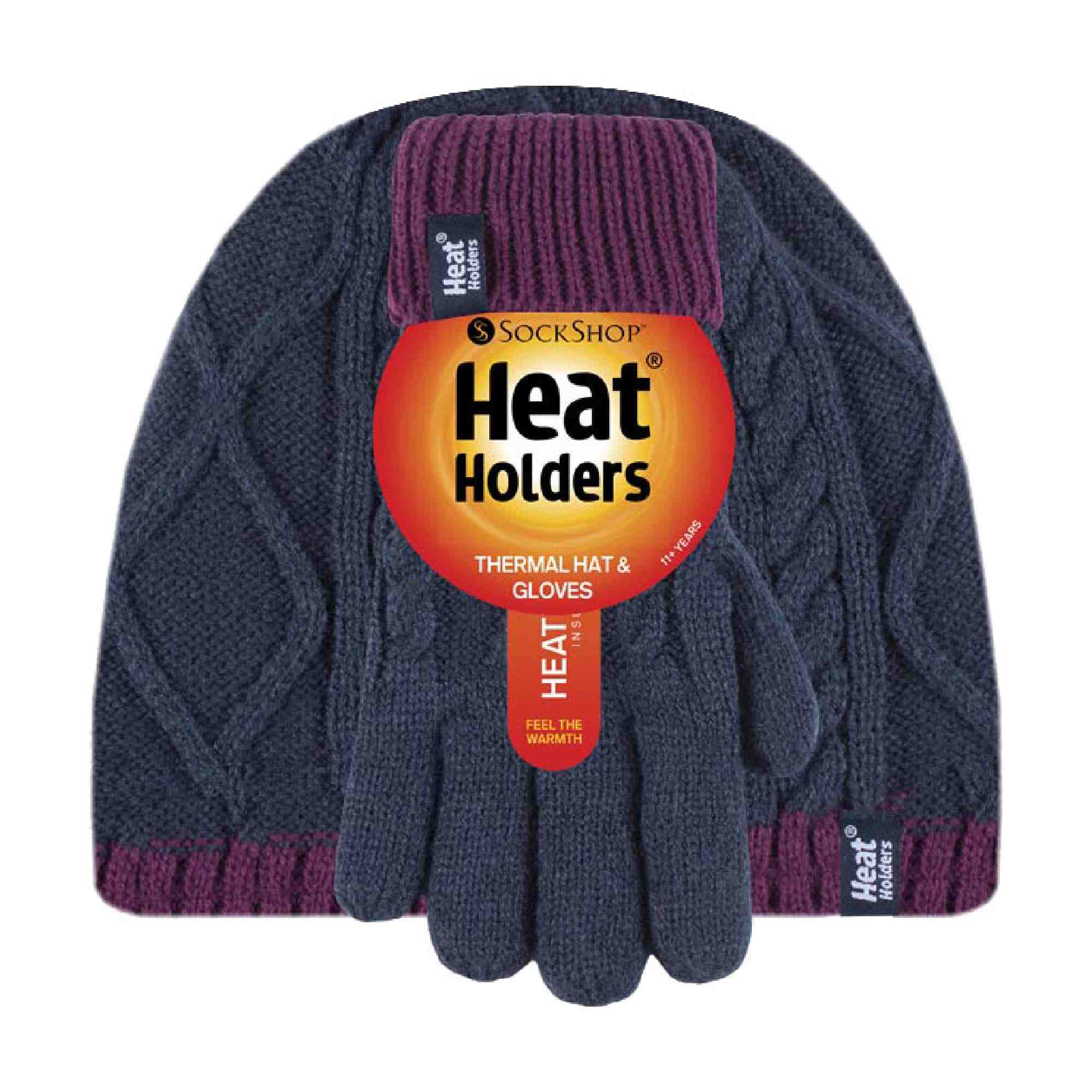 Kids Girls Cable Knitted Warm Fleece Lined Winter Hat & Gloves Set
