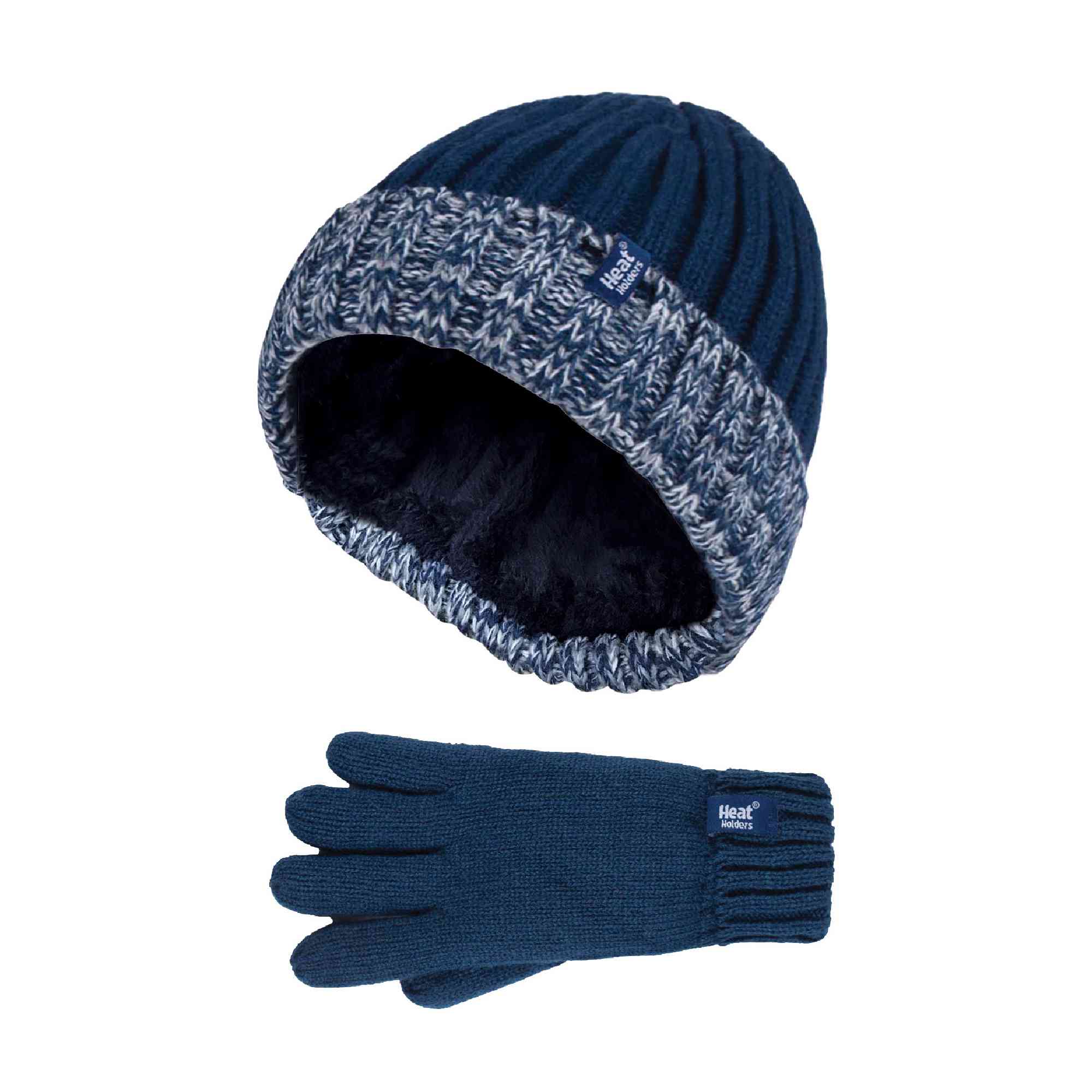 Children Winter Warm Fleece Lined Knit Turn Over Cuff Ribbed Hat & Gloves Set