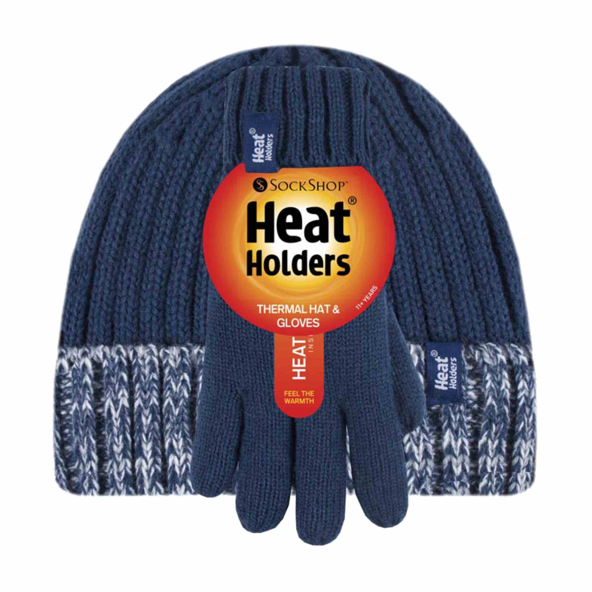 Children Winter Warm Fleece Lined Knit Turn Over Cuff Ribbed Hat & Gloves Set