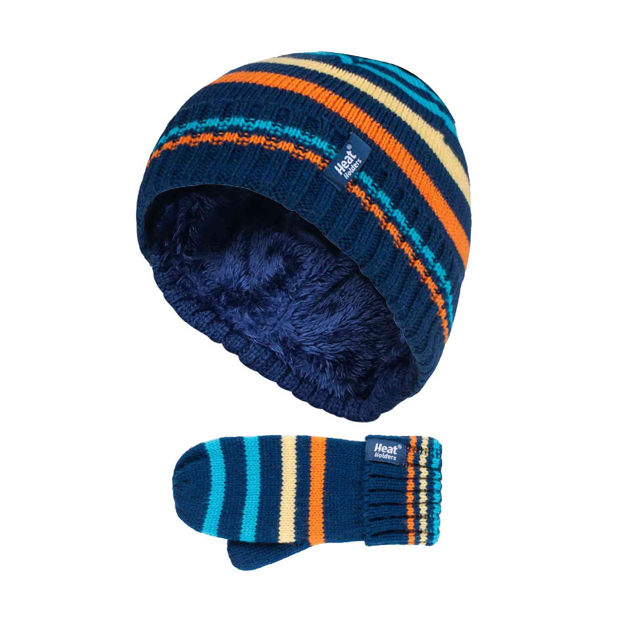 Kids Boys Winter Knitted Thermal Fleece Lined Cuffed Beanie Hat & Mittens Set