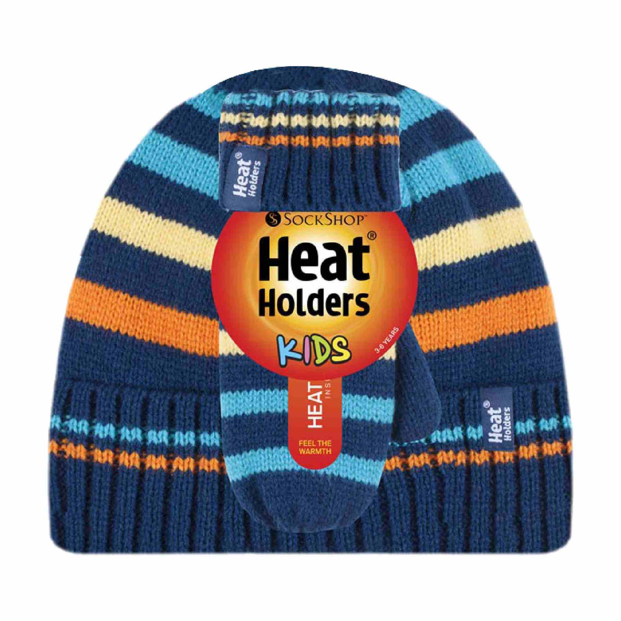 Kids Boys Winter Knitted Thermal Fleece Lined Cuffed Beanie Hat & Mittens Set