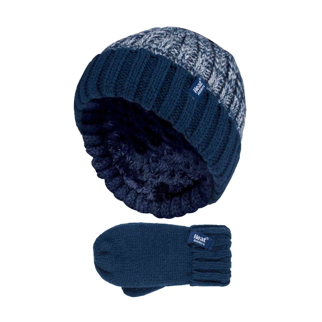 Kids Boys Winter Knitted Thermal Fleece Lined Cuffed Beanie Hat & Mittens Set
