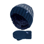 Kids Boys Winter Knitted Thermal Fleece Lined Cuffed Beanie Hat & Mittens Set