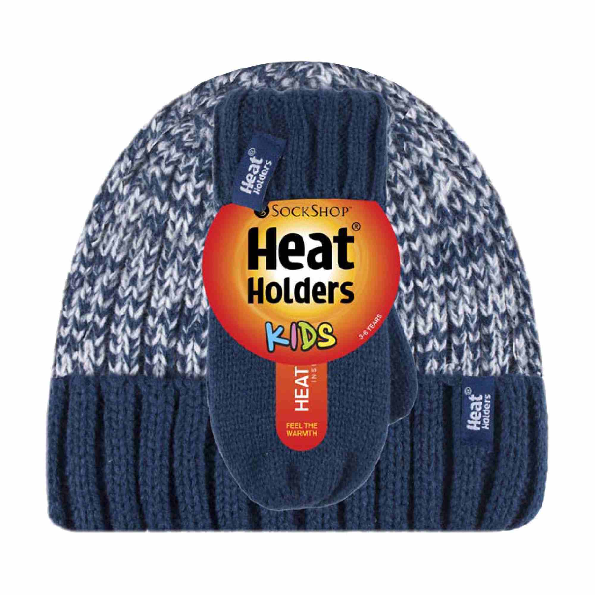 Kids Boys Winter Knitted Thermal Fleece Lined Cuffed Beanie Hat & Mittens Set