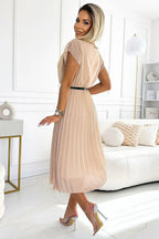 Numoco Cocktail Pleated dress with a round neckline, black belt, and short sleeves