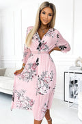 Numoco chiffon pleated midi cocktail dress with neckline and belt