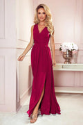 Numoco justine maxi long gown with neckline, leg slit and back tie
