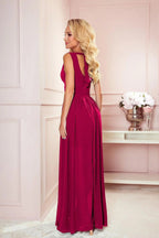 Numoco justine maxi long gown with neckline, leg slit and back tie