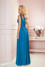 Numoco justine maxi long gown with neckline, leg slit and back tie