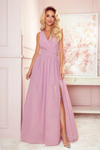 Numoco justine maxi long gown with neckline, leg slit and back tie