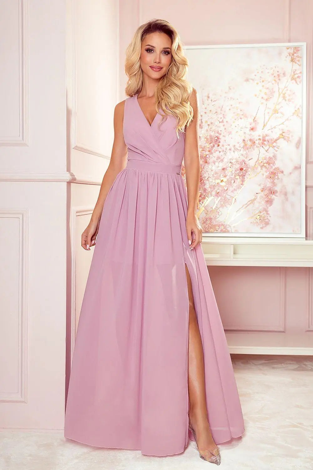 Numoco justine maxi long gown with neckline, leg slit and back tie