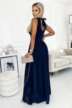 Numoco justine maxi long gown with neckline, leg slit and back tie