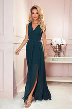 Numoco justine maxi long gown with neckline, leg slit and back tie