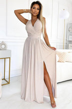 Numoco justine maxi long gown with neckline, leg slit and back tie
