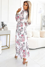 Numoco pleated chiffon midi cocktail dress with a neckline, long sleeves, and a belt