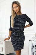 Numoco sports daydress with binding, pockets, boat neckline and 3/4 sleeves