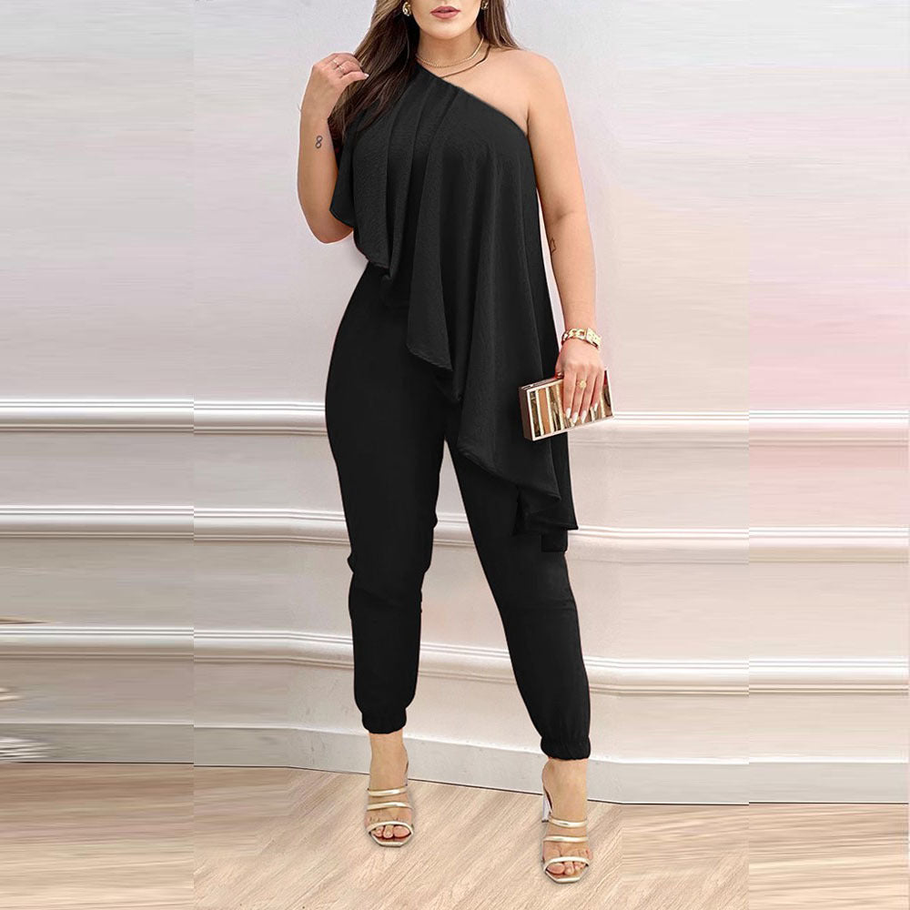 Women’s Printed One-Shoulder Ruffled Jumpsuit – Elegant Statement Piece