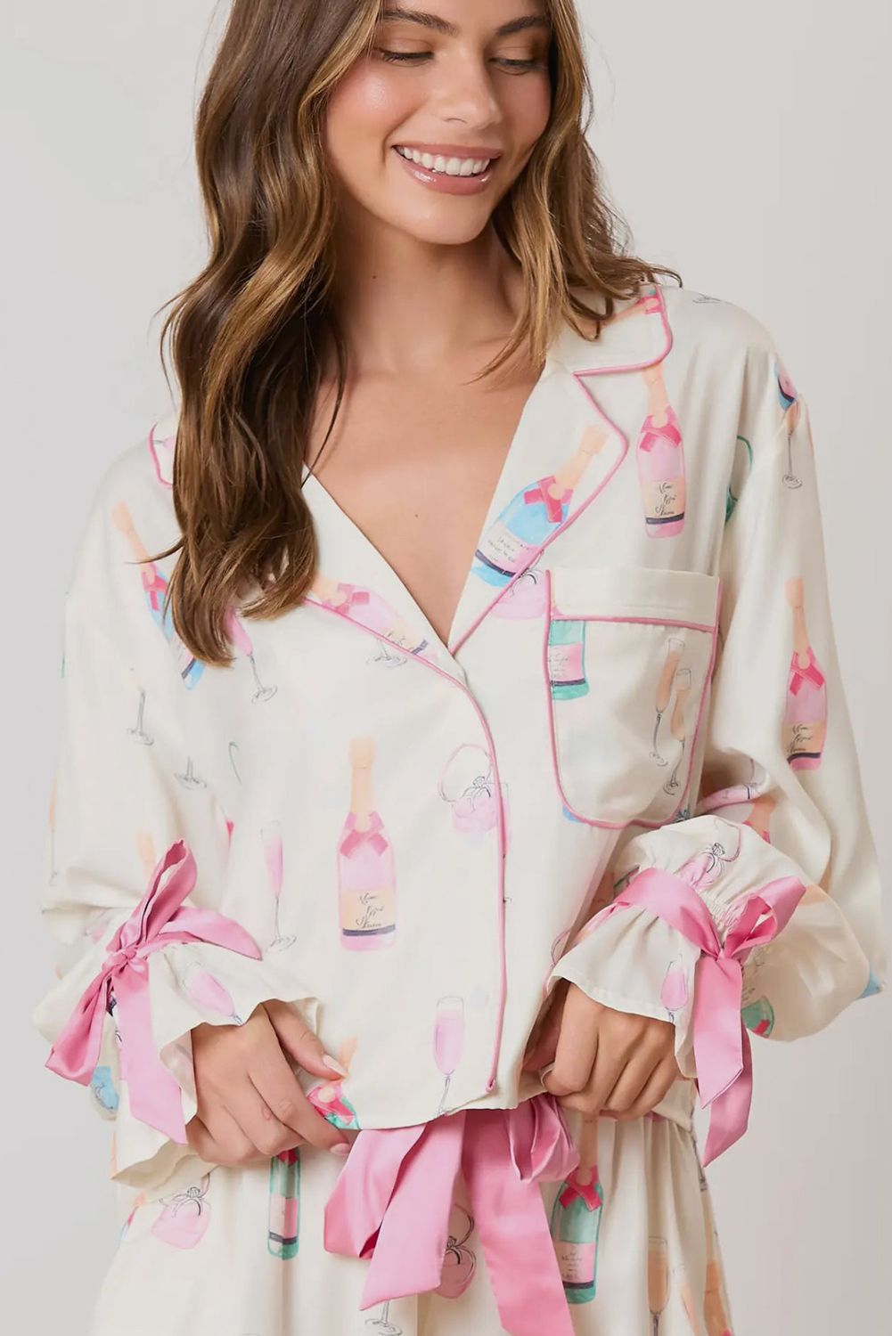 Christmas Bow Long Sleeve Pajamas Shorts Suit