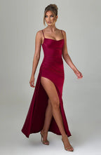 New solid color sexy waist slit halter thin summer dress