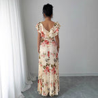 V-neck Digital Floral Print Ruffles Dress