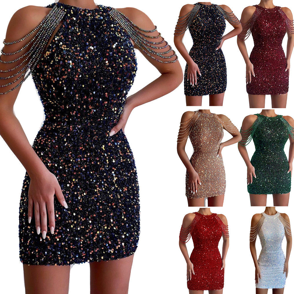 Sexy fashion halter off-the-shoulder fringe wrap hip crystal splicing sequin dress