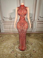 Luxury Mirror Sequins Sheath Halter Trailing Dress