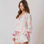Christmas Bow Long Sleeve Pajamas Shorts Suit