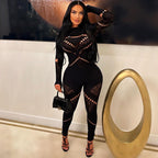 Hollow Jeweled Slim Fit Patchwork Sexy High Waist Jumpsuit