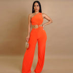 Lace-Up Hollow-Out Diagonal Neck Jumpsuit with Pleated Stitch Detail
