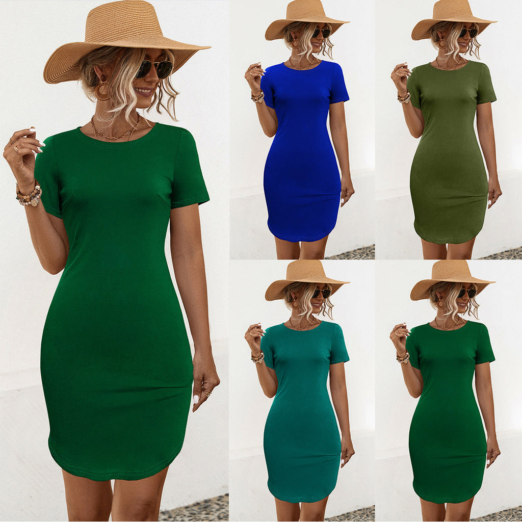 Women's Solid Color Short Sleeve Slim U-shaped Split Dress