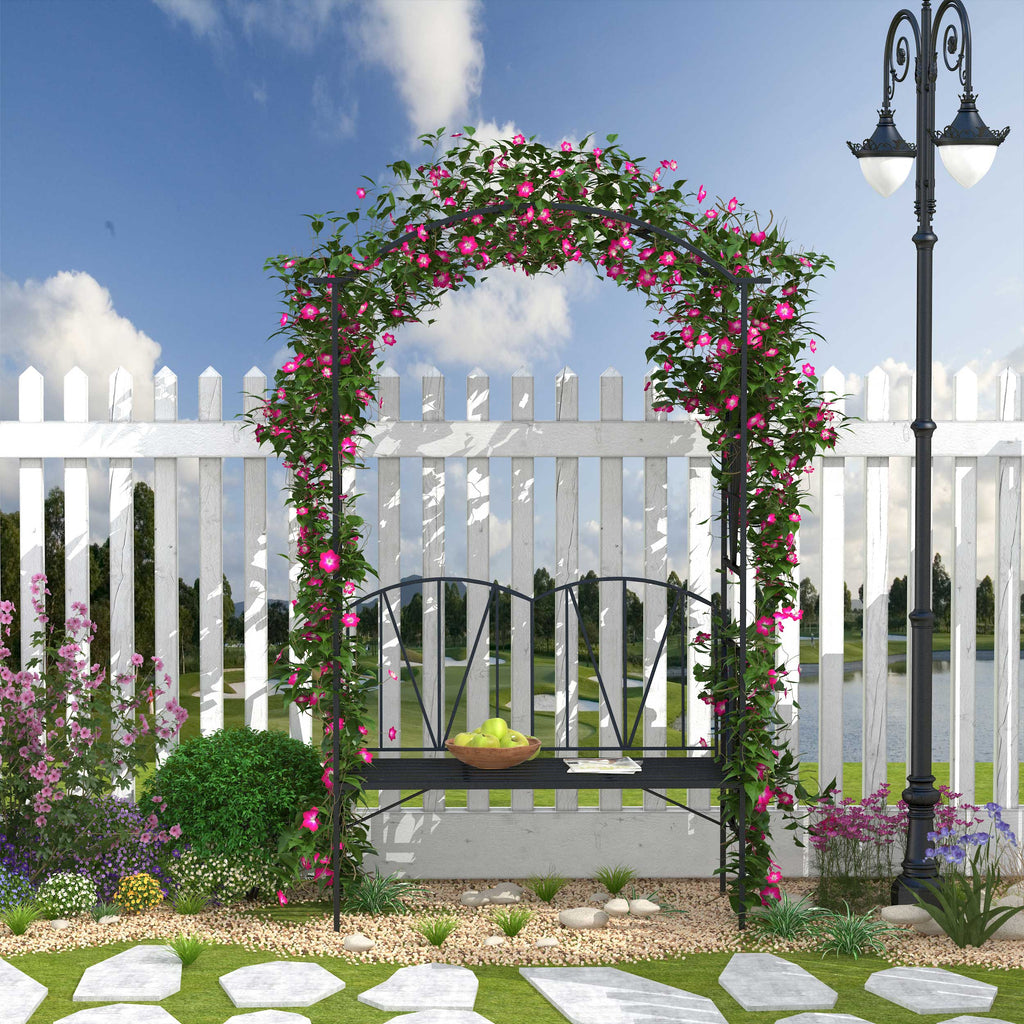 Outsunny Garden Bench, 2 Seater Outdoor Patio Bench, Metal Garden Loveseat with Arch for Vines and Climbing Plants, Black