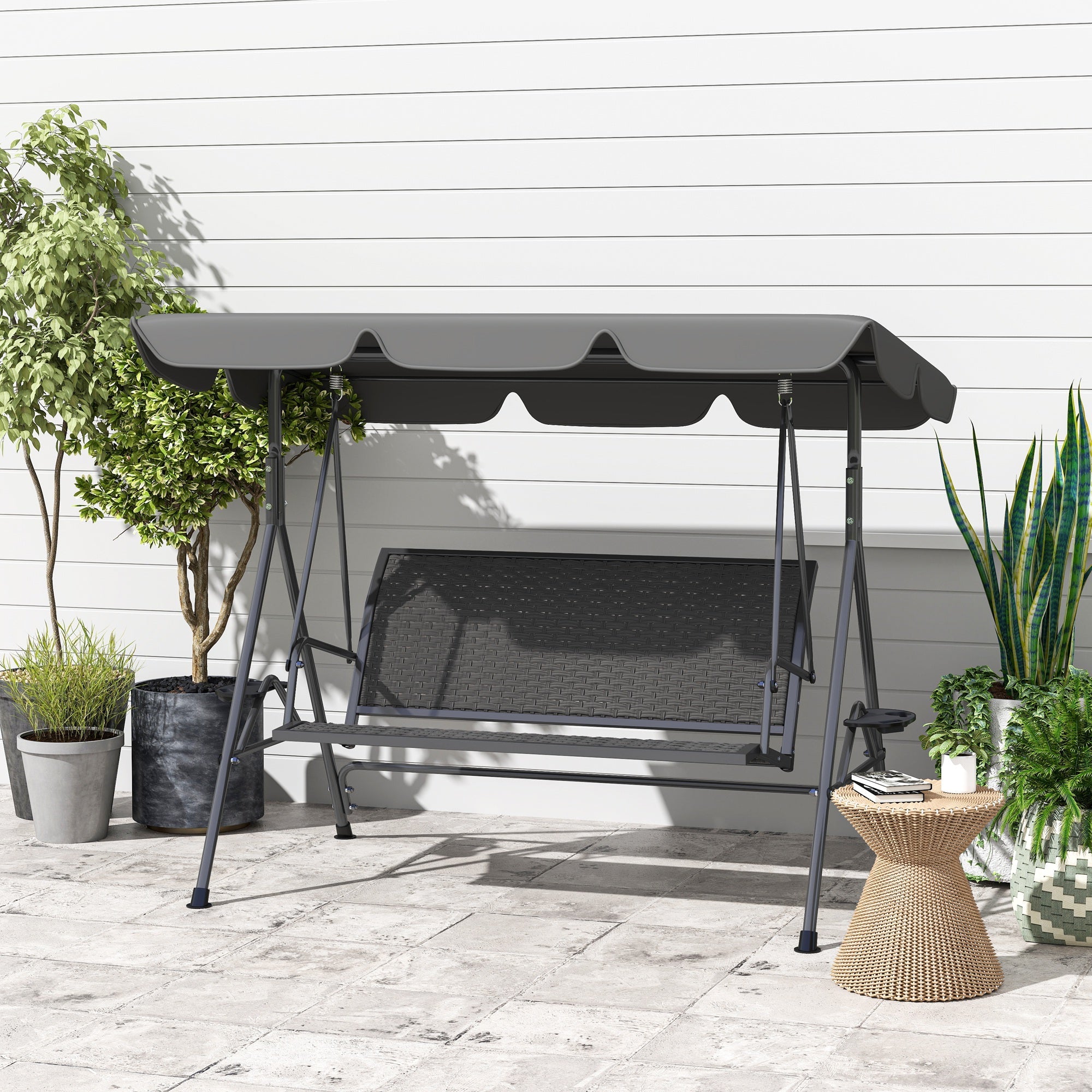 Outsunny 3 Seater Swing Chair, Garden Swing Seat Bench with Adjustable Canopy, Rattan Seat and Steel Frame for Patio, Yard, Grey