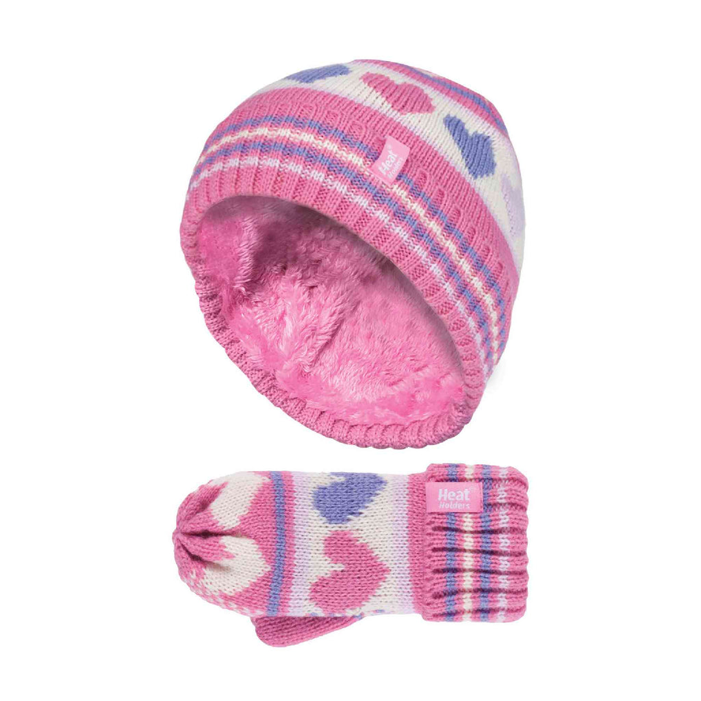 Kids Fleece Lined Knitted Striped Colourful Winter Thermal Hat & Mittens Set