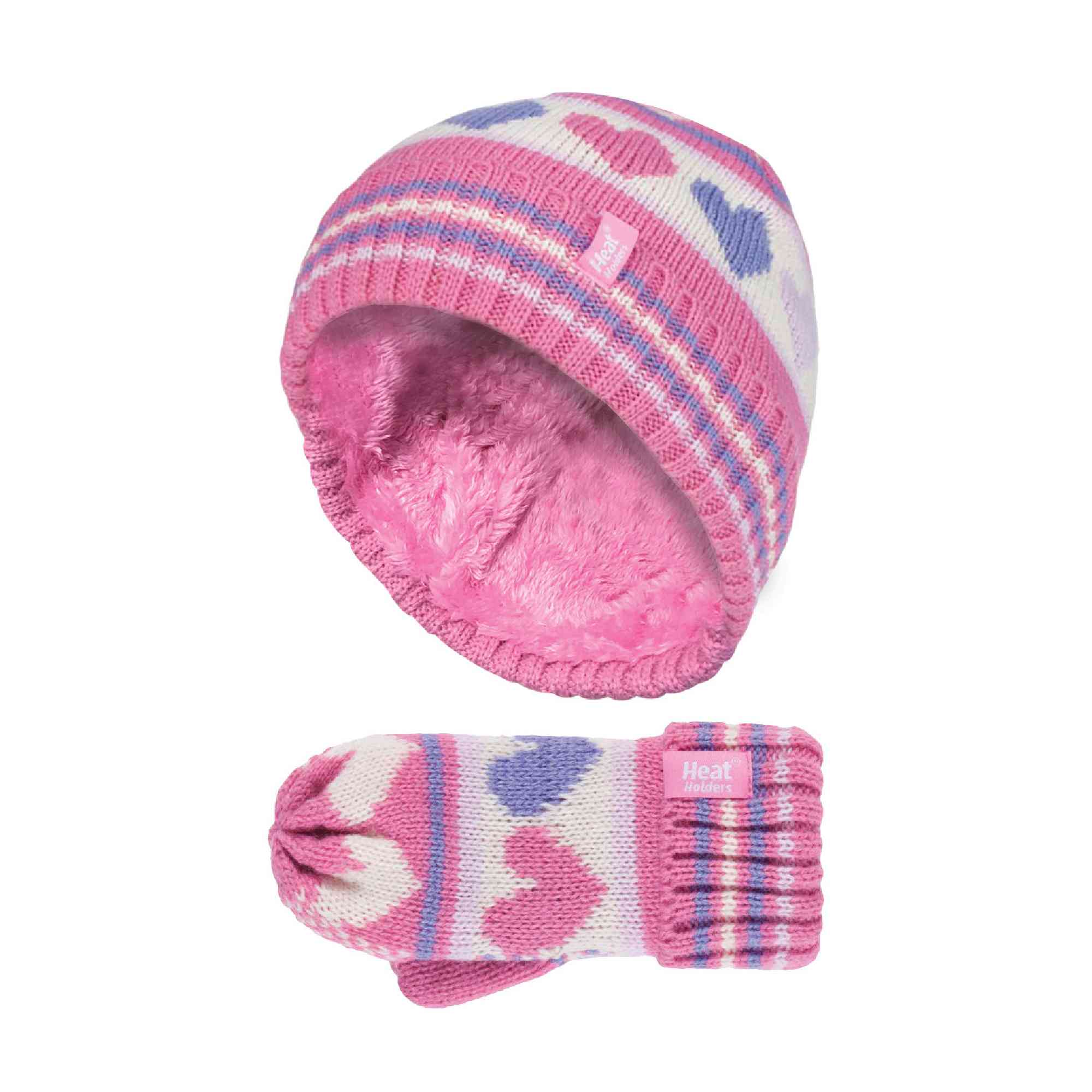 Kids Fleece Lined Knitted Striped Colourful Winter Thermal Hat & Mittens Set