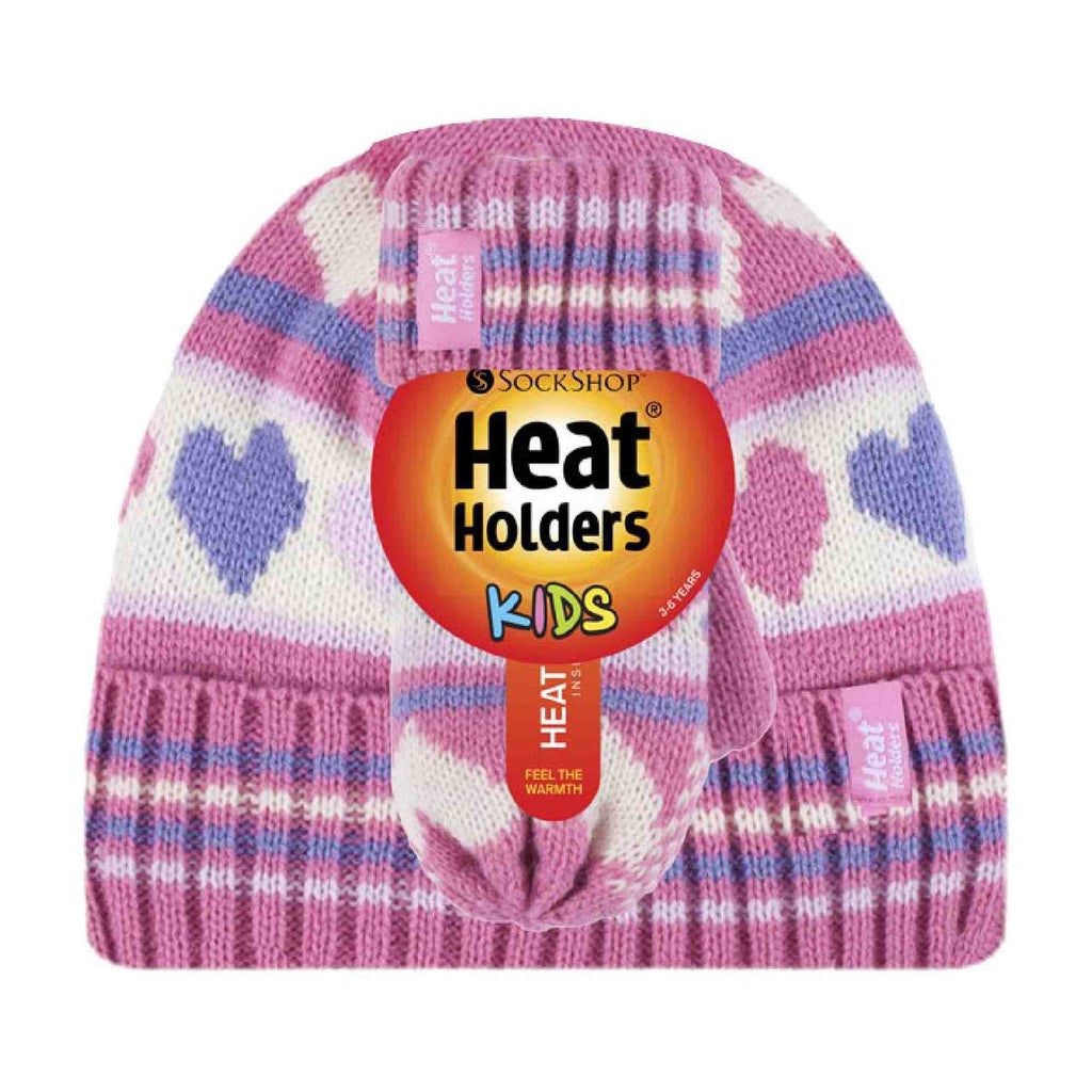 Kids Fleece Lined Knitted Striped Colourful Winter Thermal Hat & Mittens Set