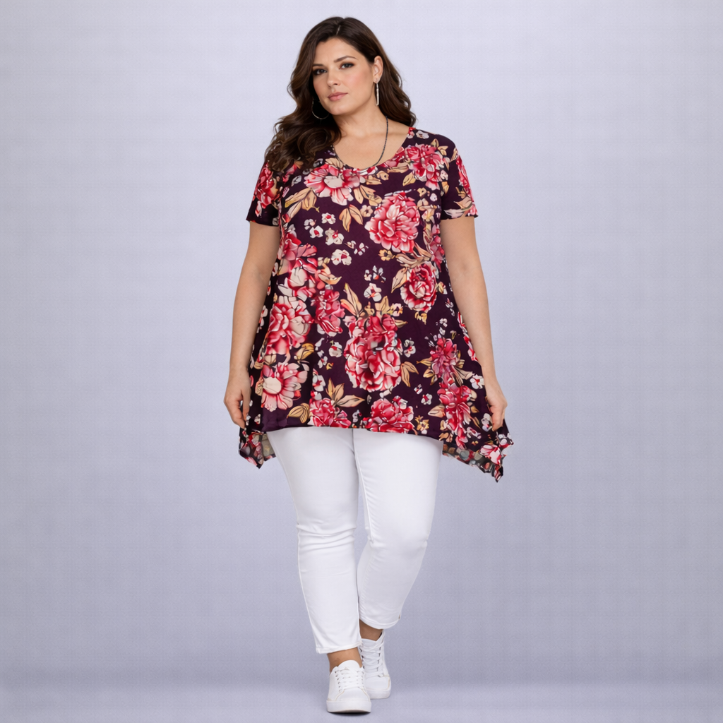 Wine Floral Crepe Hanky Hem Swing Top