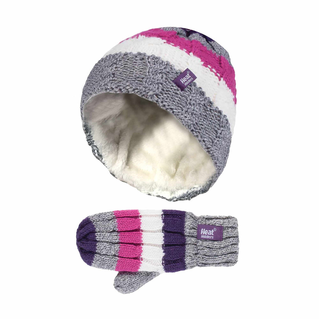 Kids Fleece Lined Knitted Striped Colourful Winter Thermal Hat & Mittens Set