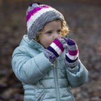 Kids Fleece Lined Knitted Striped Colourful Winter Thermal Hat & Mittens Set