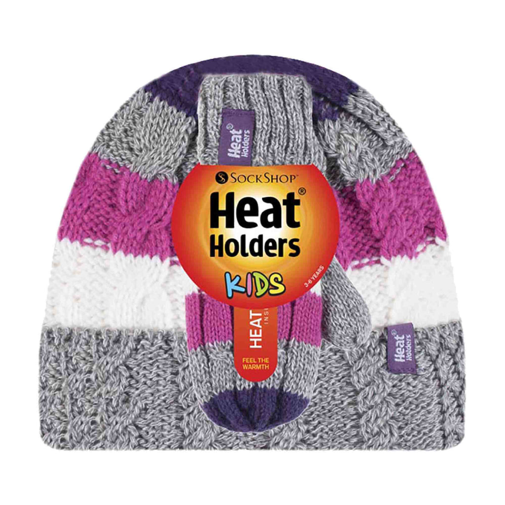 Kids Fleece Lined Knitted Striped Colourful Winter Thermal Hat & Mittens Set