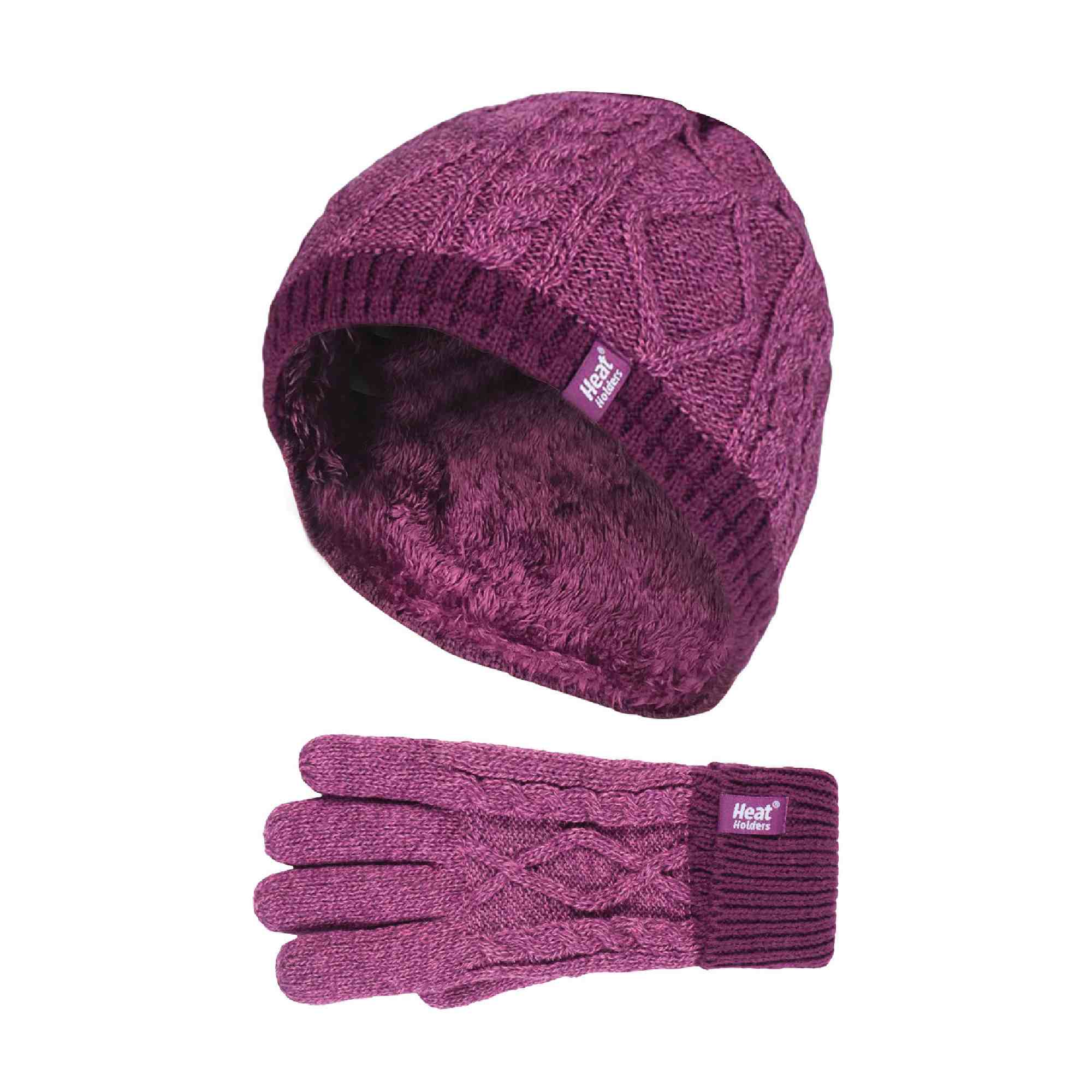 Kids Girls Cable Knitted Warm Fleece Lined Winter Hat & Gloves Set