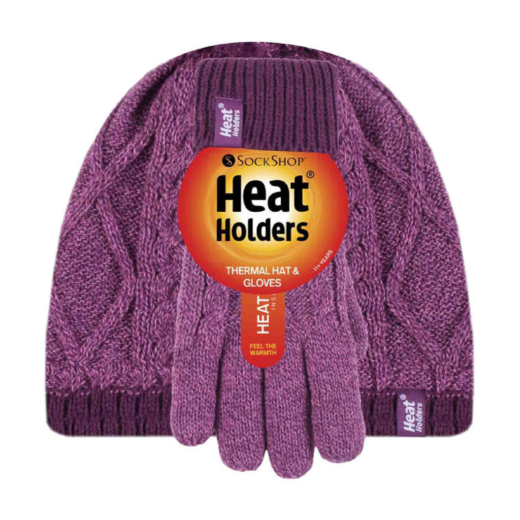Kids Girls Cable Knitted Warm Fleece Lined Winter Hat & Gloves Set
