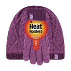 Kids Girls Cable Knitted Warm Fleece Lined Winter Hat & Gloves Set