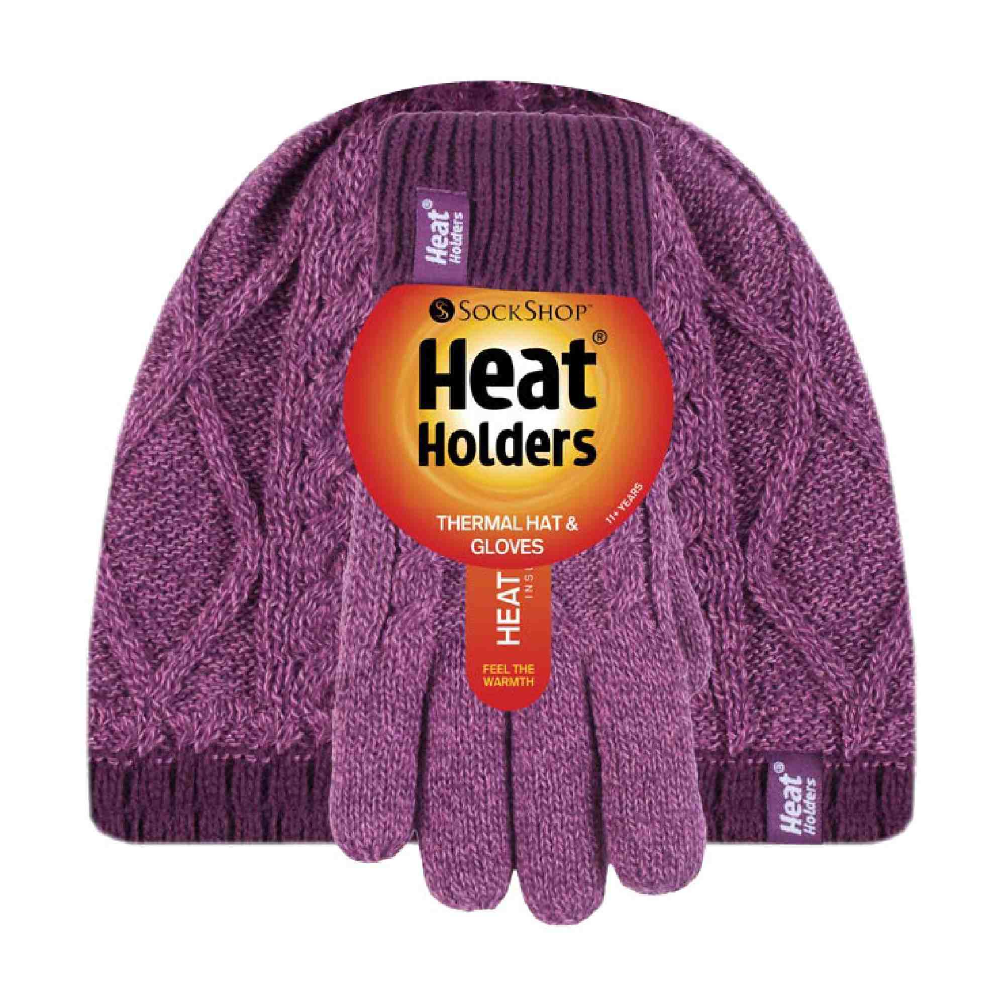 Kids Girls Cable Knitted Warm Fleece Lined Winter Hat & Gloves Set