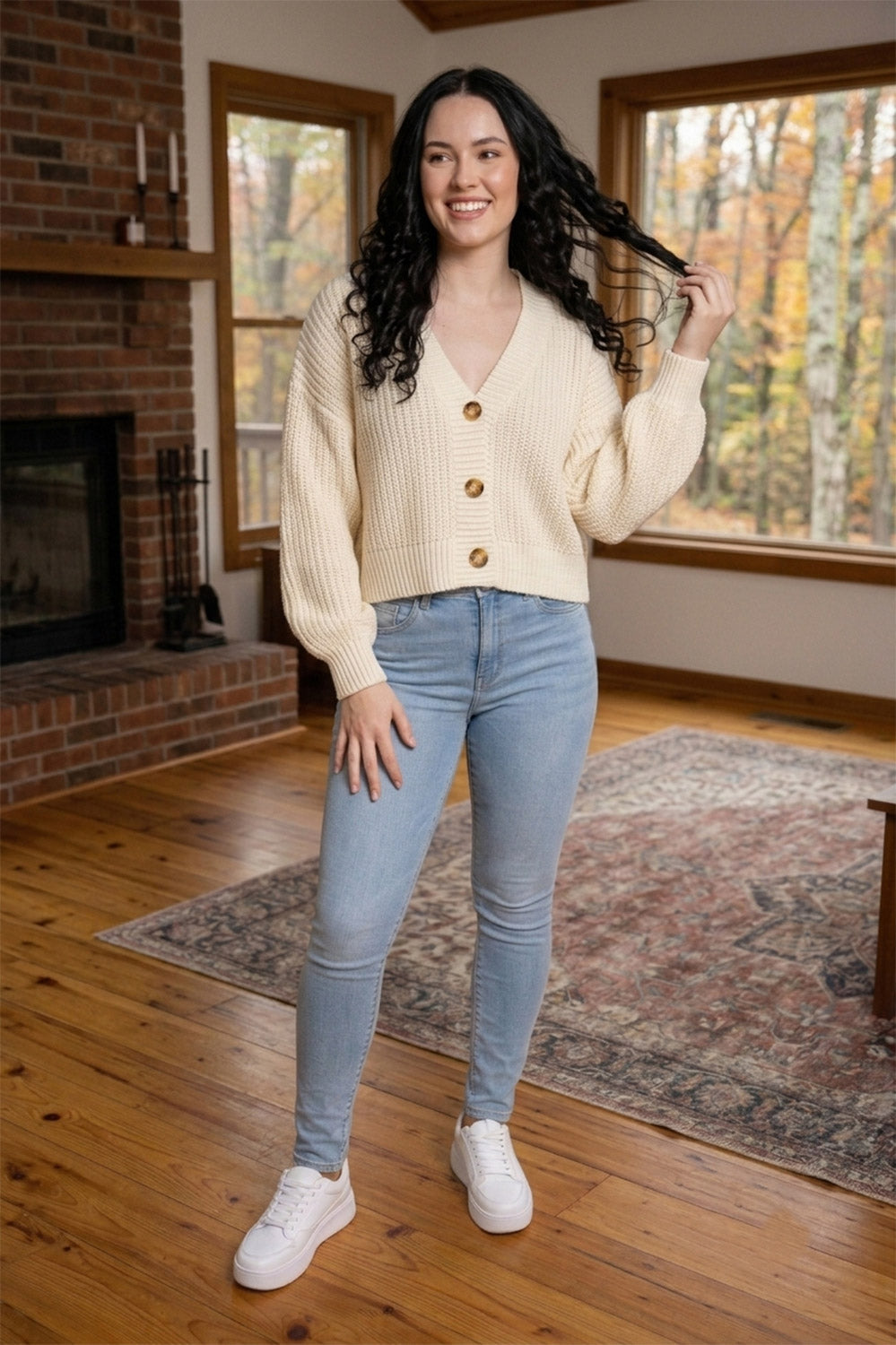 Chunky Knit Cardigan Balloon Sleeve Cropped 3 Button Jumper Soft Cozy Top