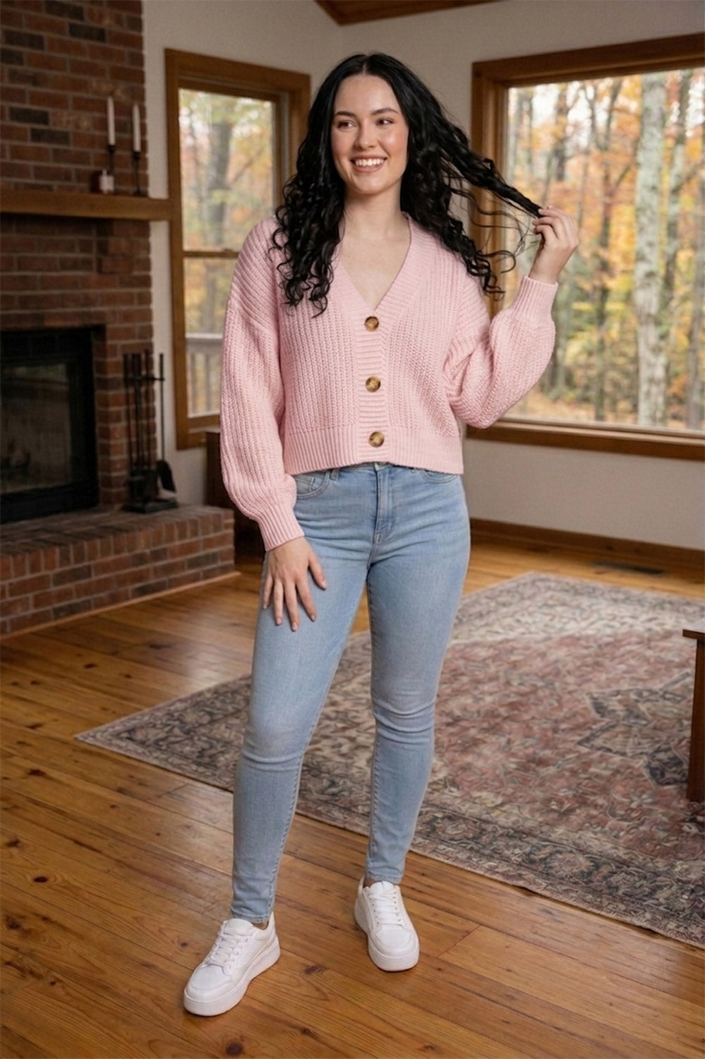 Chunky Knit Cardigan Balloon Sleeve Cropped 3 Button Jumper Soft Cozy Top