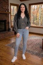 Chunky Knit Cardigan Balloon Sleeve Cropped 3 Button Jumper Soft Cozy Top