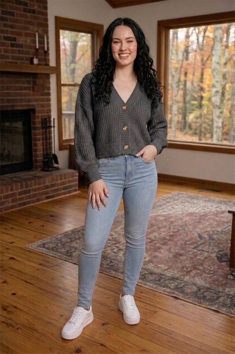 Chunky Knit Cardigan Balloon Sleeve Cropped 3 Button Jumper Soft Cozy Top