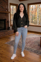 Chunky Knit Cardigan Balloon Sleeve Cropped 3 Button Jumper Soft Cozy Top